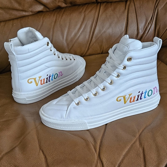 Louis Vuitton Shoes - Women's Louis Vuitton White Leather Rainbow Logo Hightop Sneakers Size 6.5 US